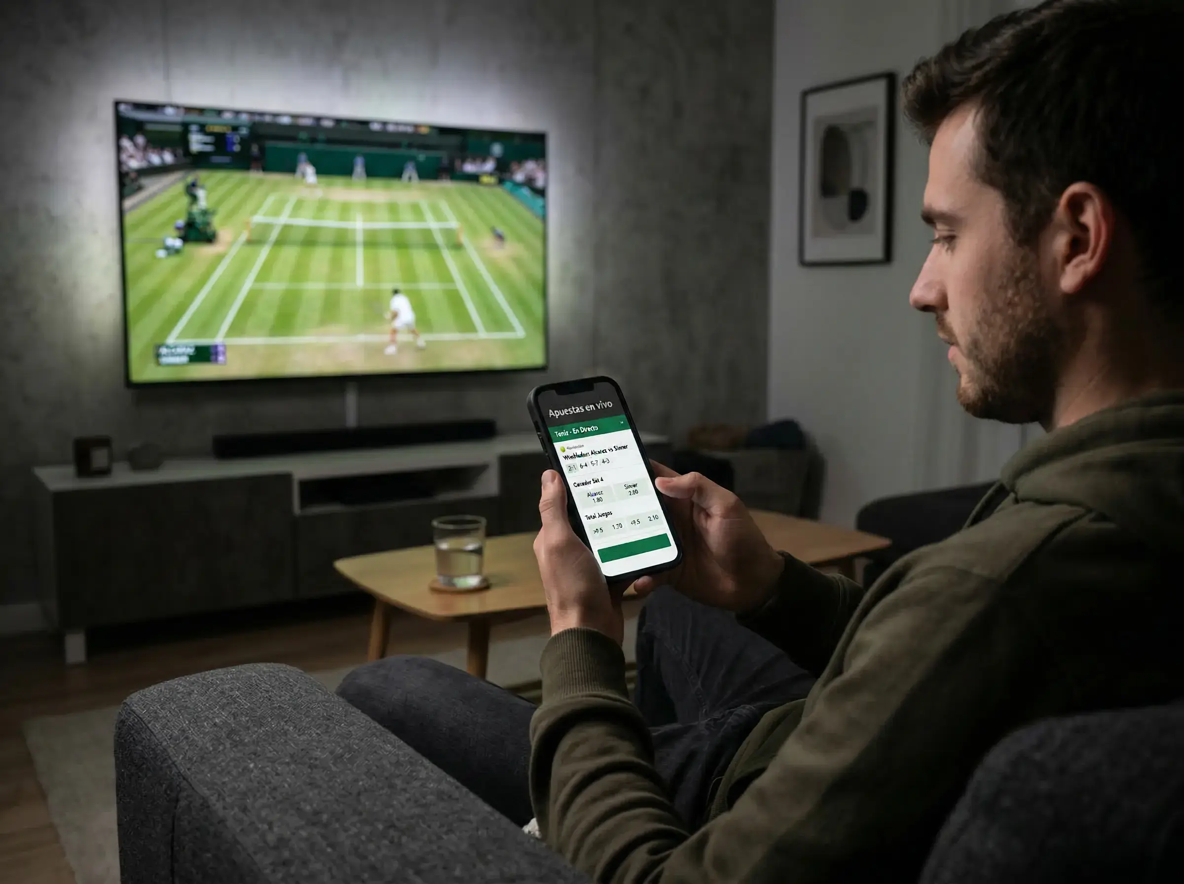Apuestas en vivo durante un partido de tenis en Wimbledon con cuotas actualizándose en tiempo real