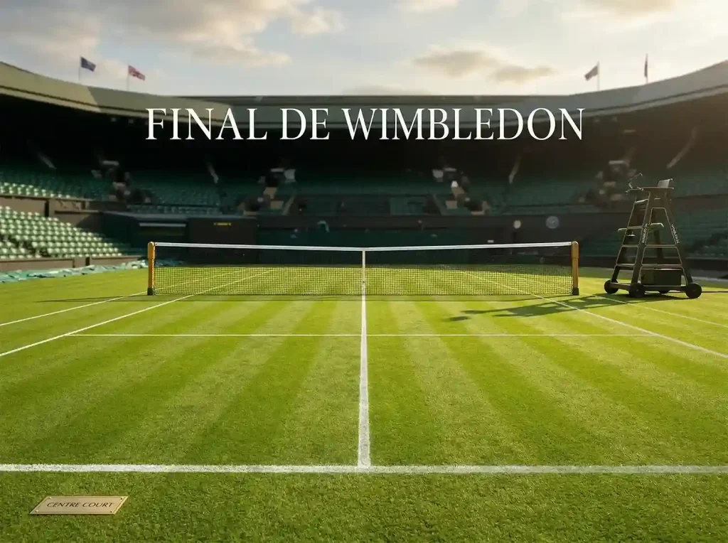 Pista central de Wimbledon preparada para la final con la red y las líneas del court de hierba