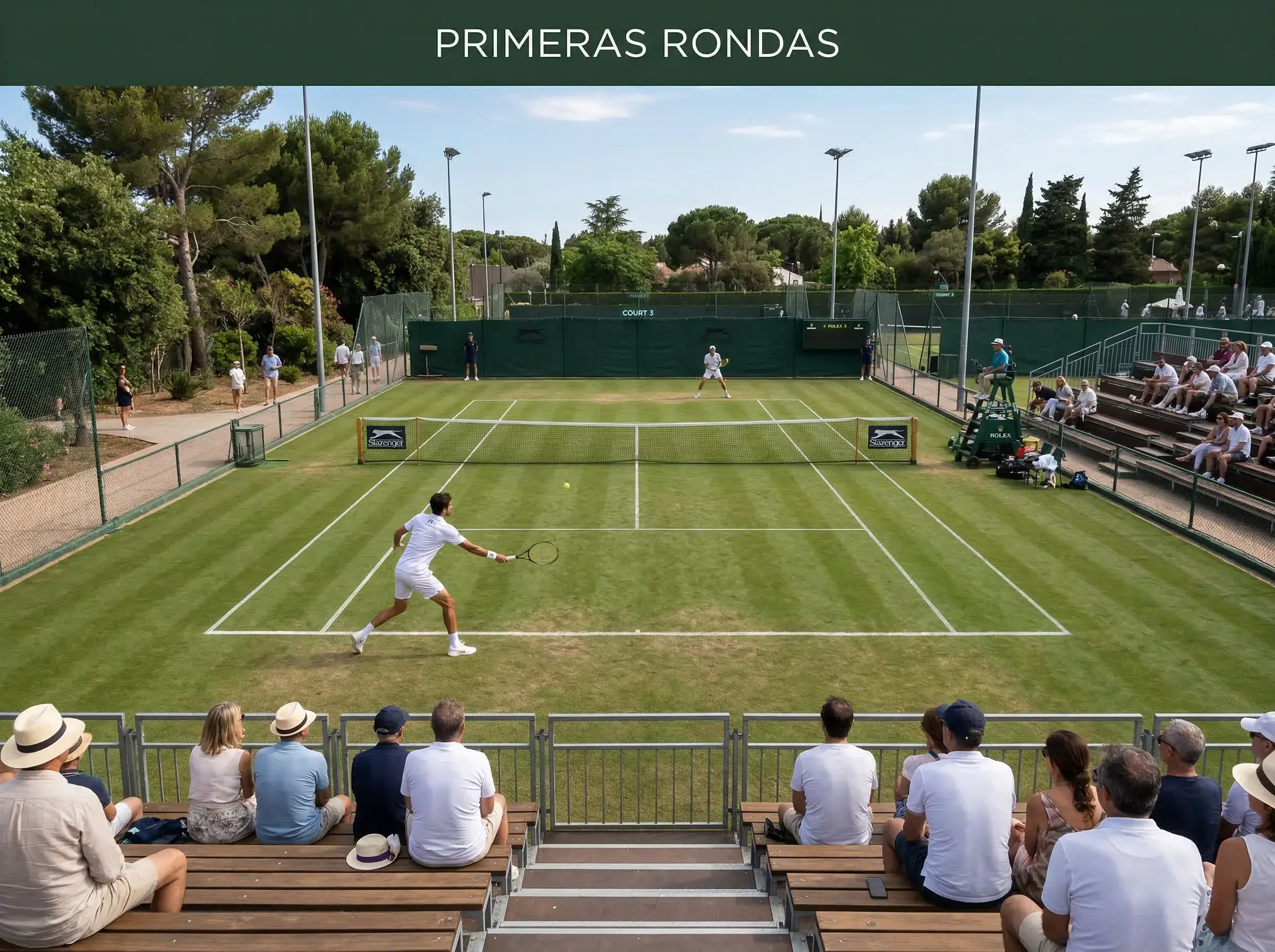 Vista general de una pista secundaria de Wimbledon durante un partido de primera ronda con gradas parcialmente llenas