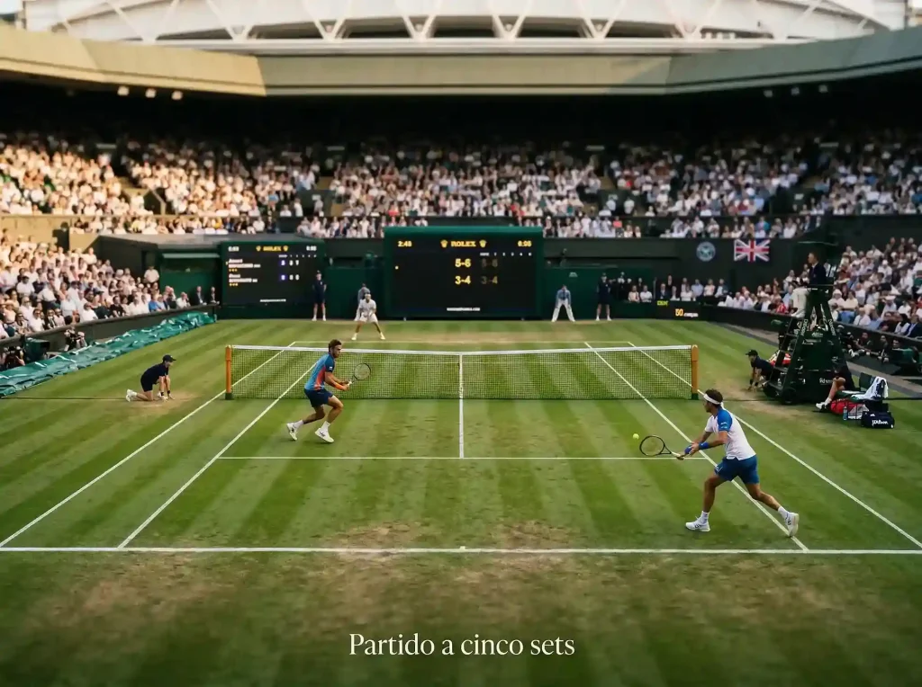 Pista de hierba de Wimbledon con marcador mostrando un partido igualado a cinco sets