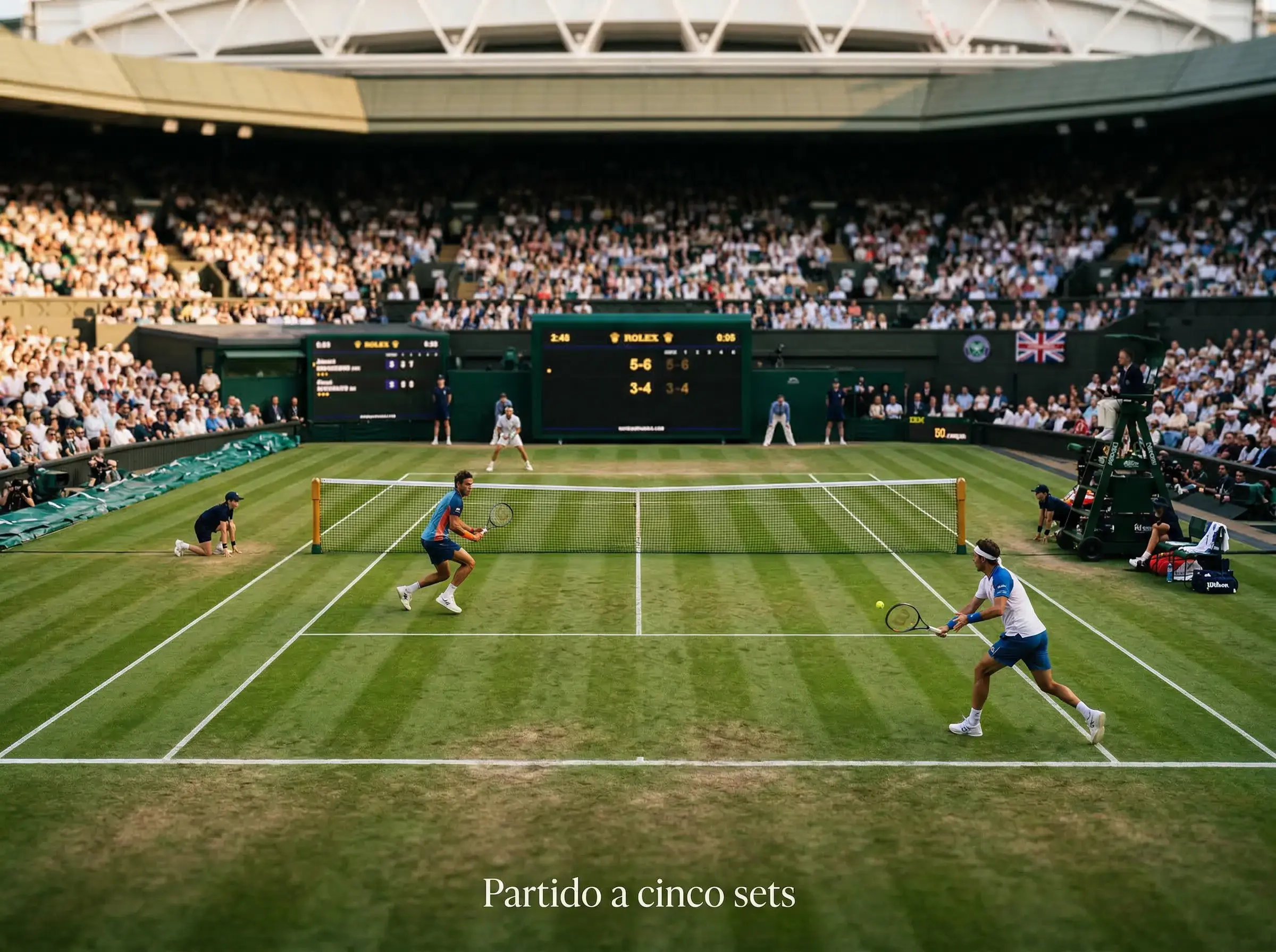Pista de hierba de Wimbledon con marcador mostrando un partido igualado a cinco sets