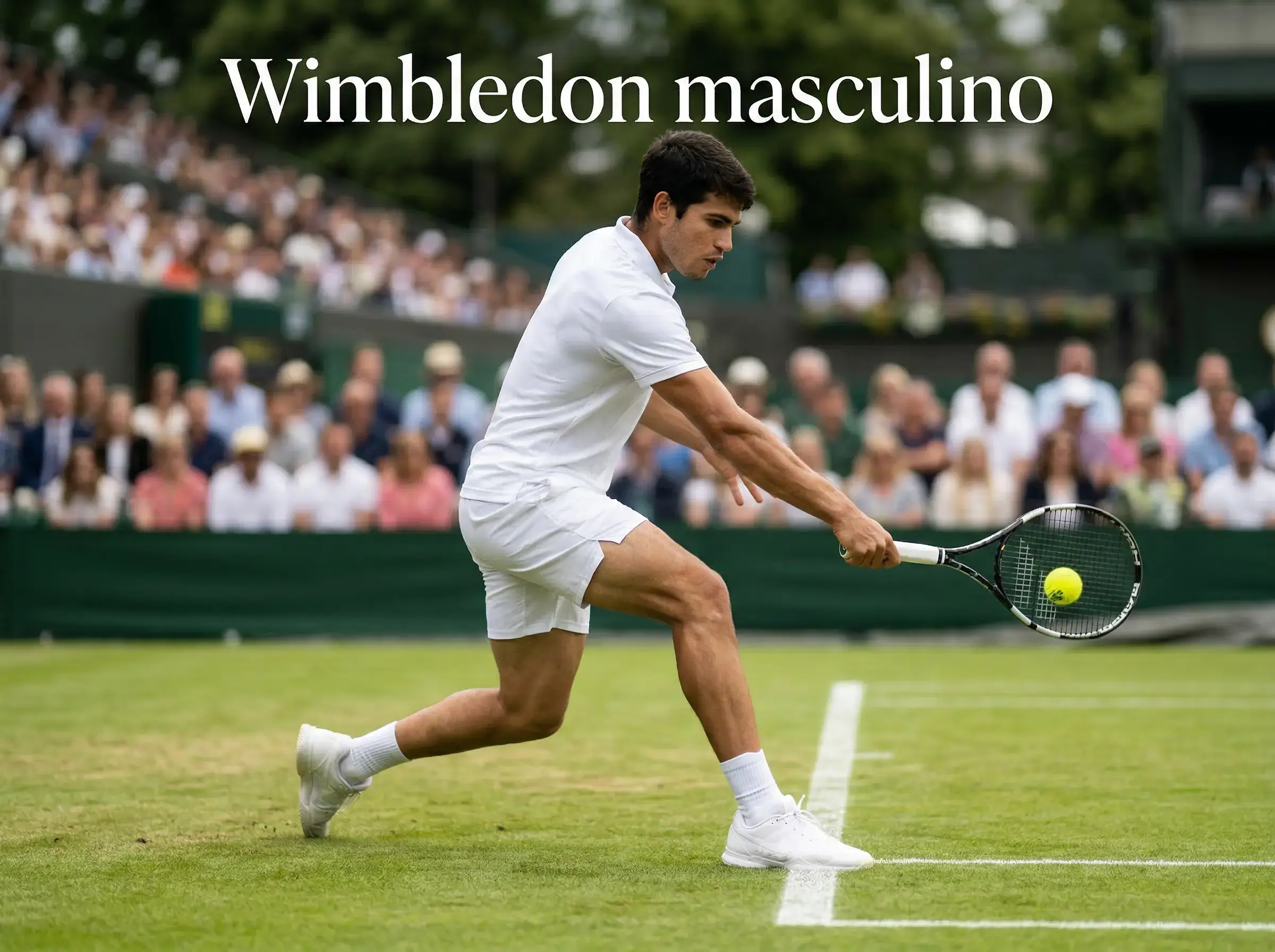 Jugador de tenis golpeando una derecha sobre la pista de hierba de Wimbledon con público de fondo