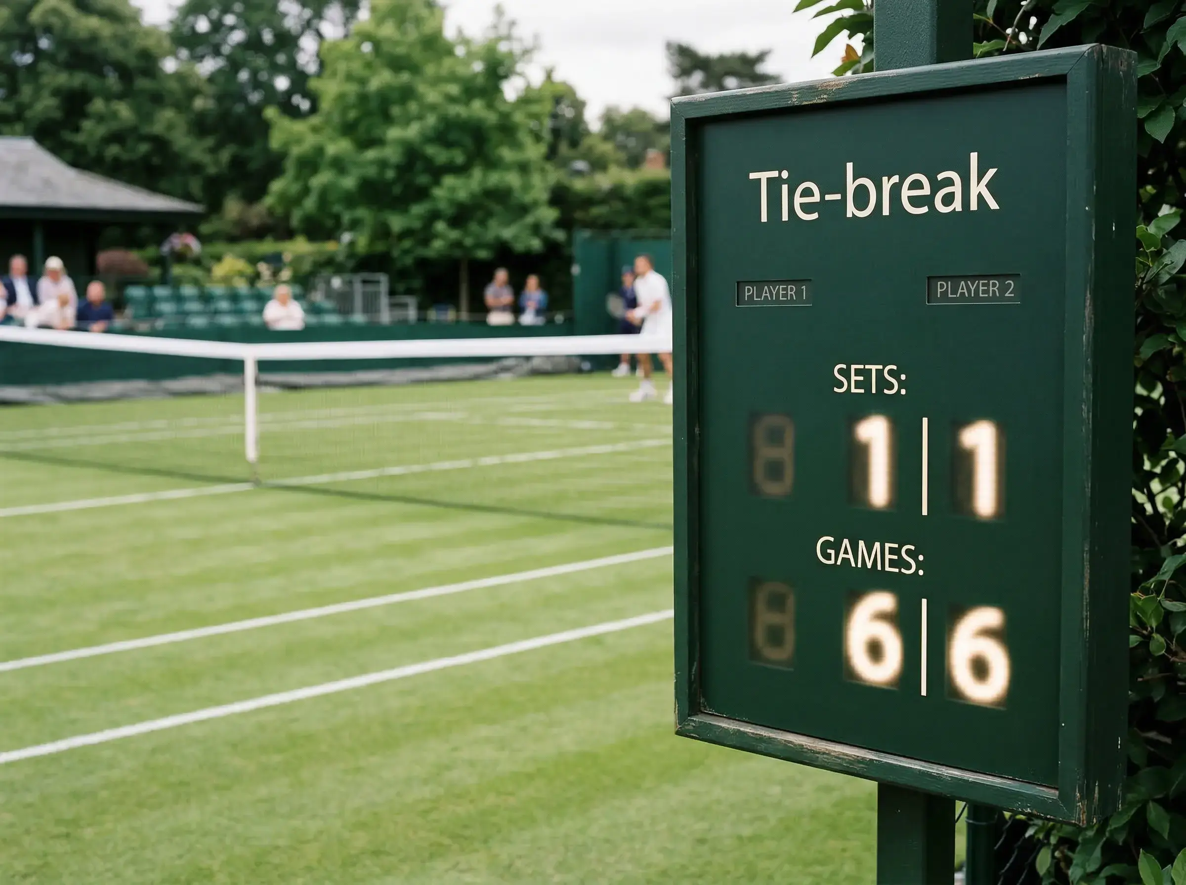 Marcador de tenis en Wimbledon mostrando un empate 6-6 antes del tie-break en hierba