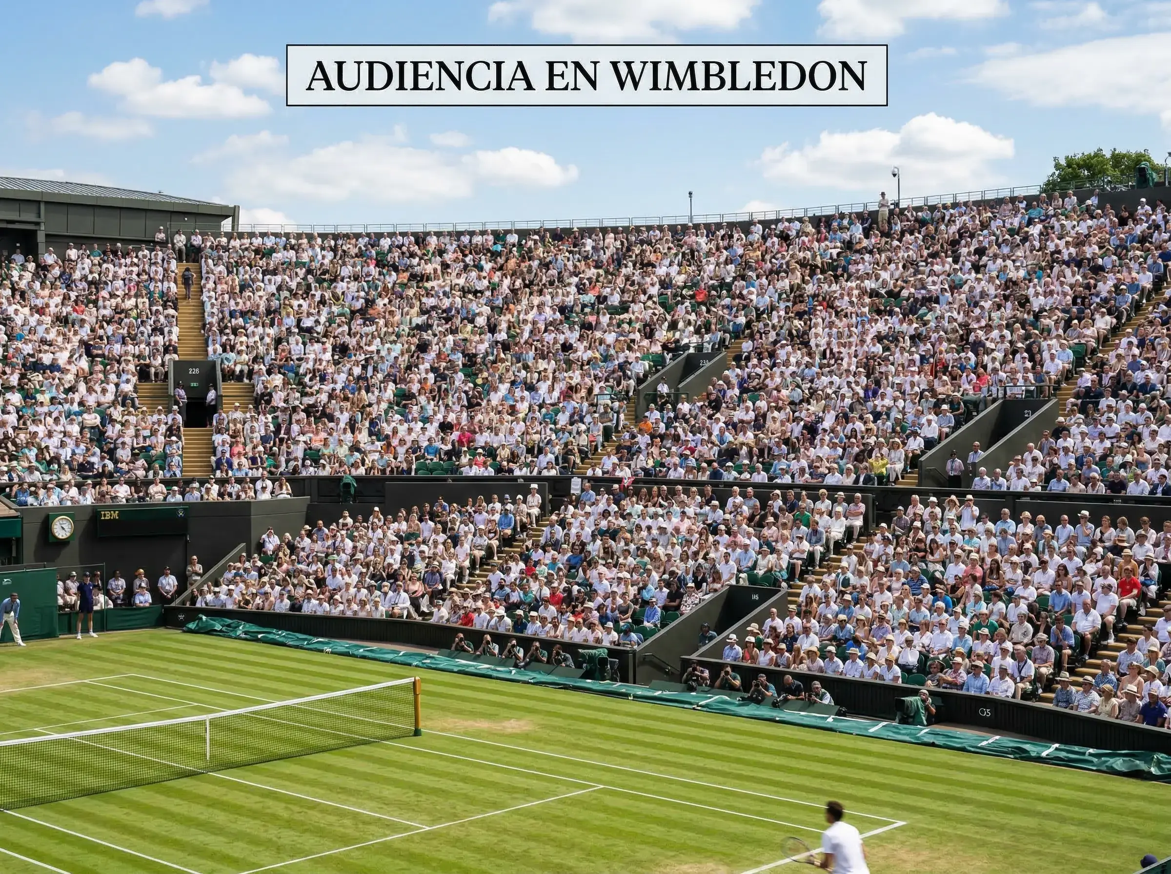 Gradas llenas de espectadores en la Centre Court de Wimbledon durante un partido de tenis sobre hierba