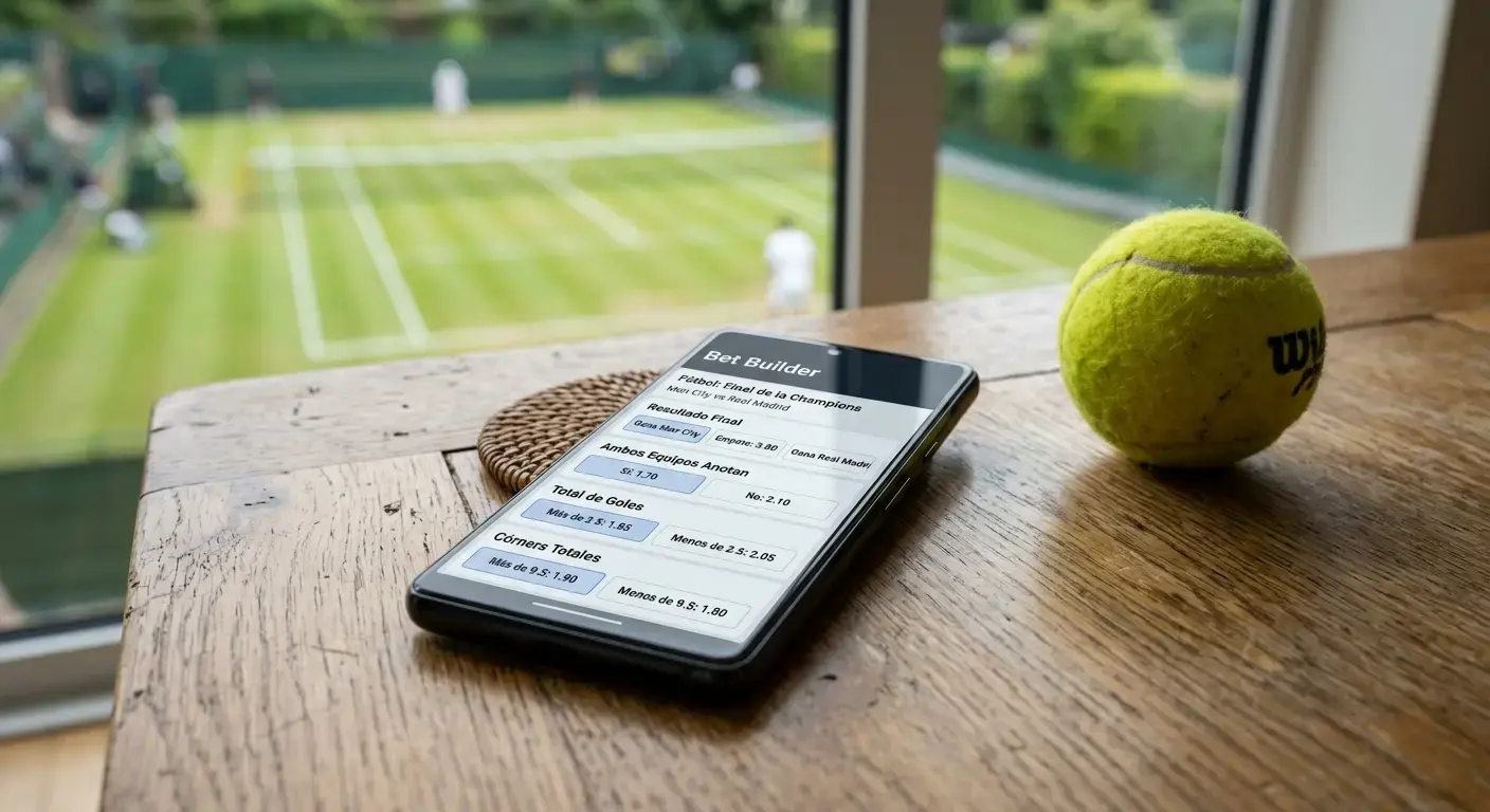 Pantalla de dispositivo móvil mostrando múltiples mercados de apuestas de tenis sobre una mesa junto a una pista de hierba
