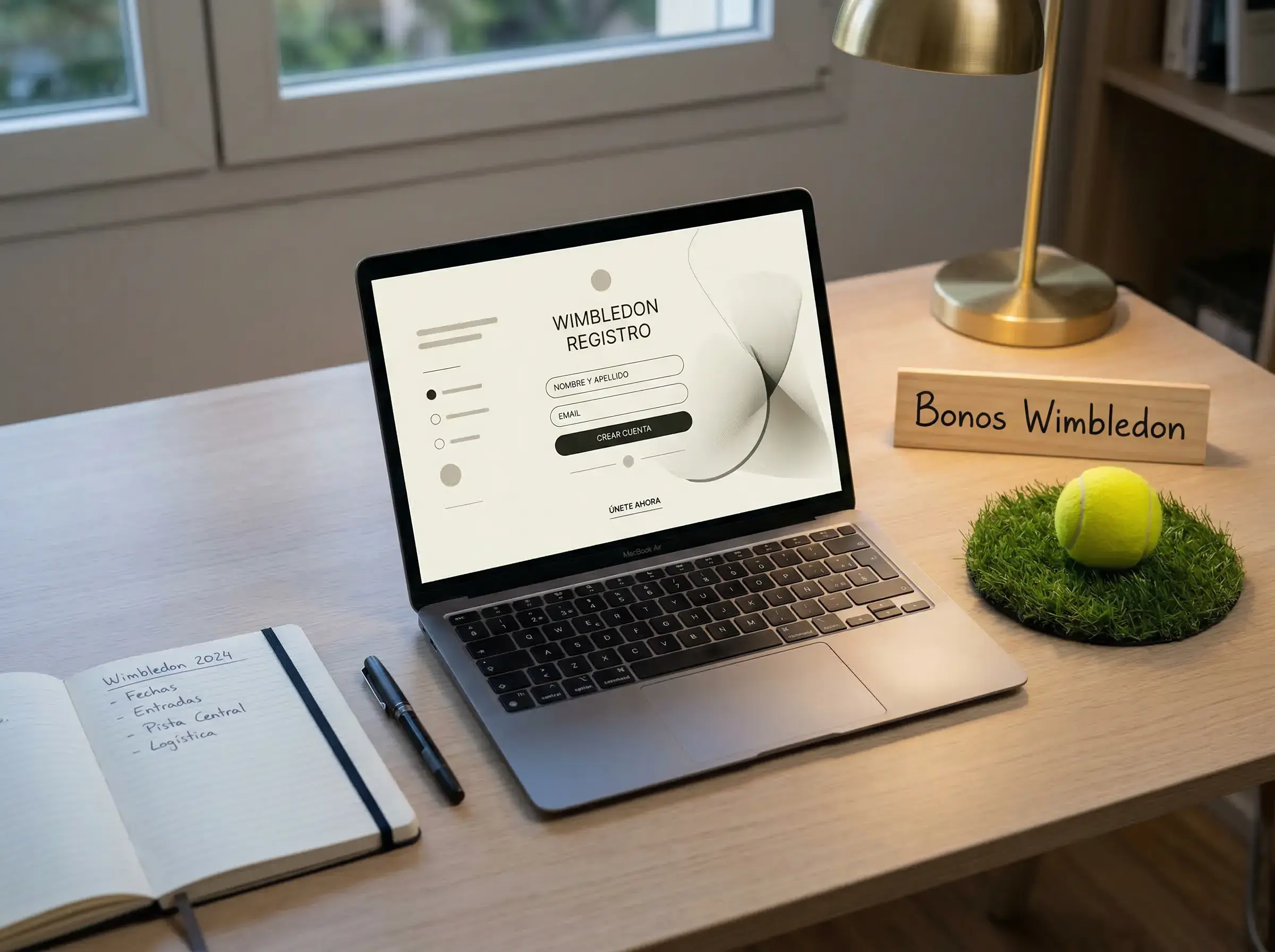 Escritorio con un portátil mostrando una página de registro de apuestas deportivas junto a una pelota de tenis sobre hierba