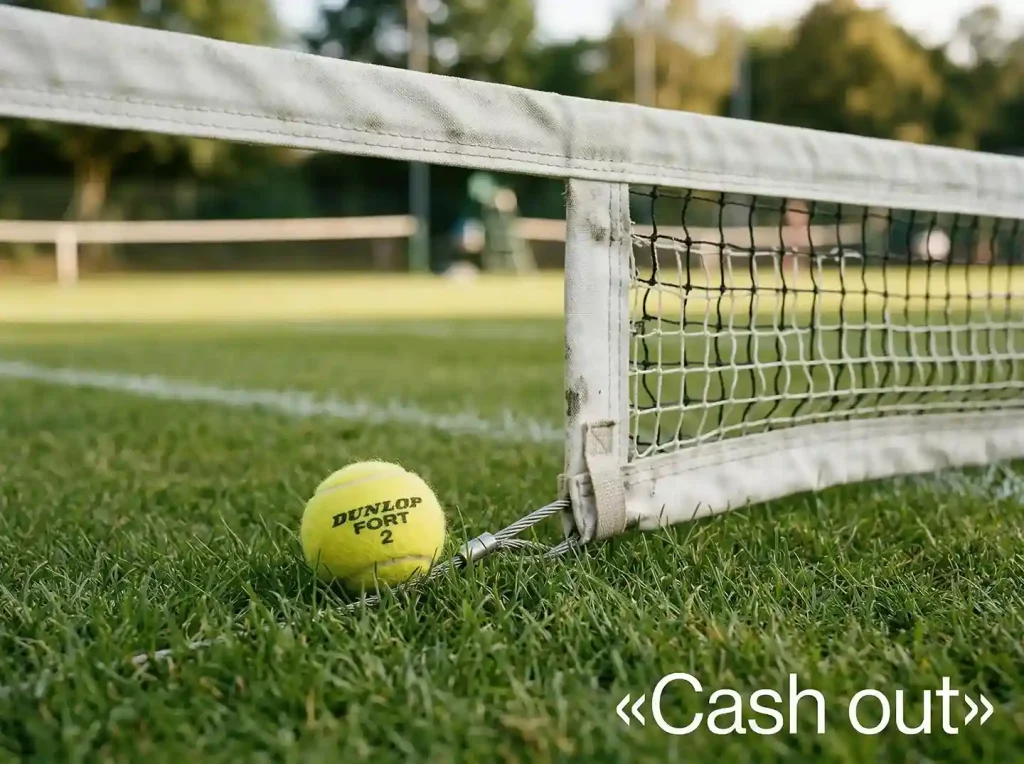 Pelota de tenis junto a la red sobre césped de Wimbledon en un momento de pausa del partido
