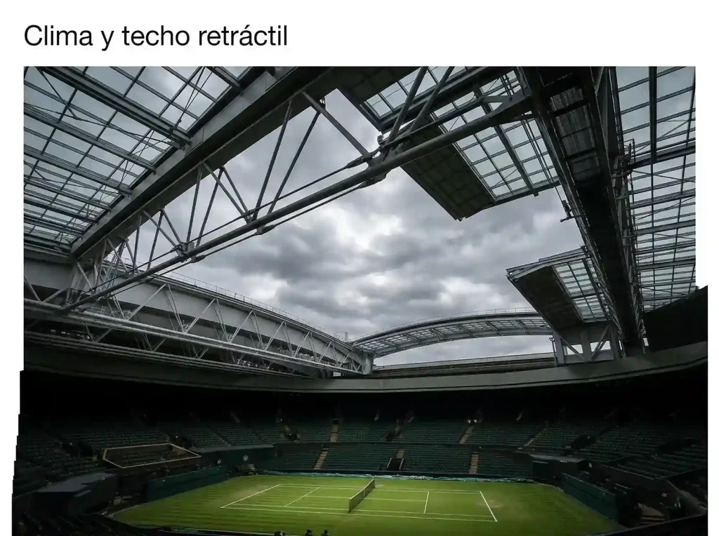 Techo retráctil de la Centre Court de Wimbledon parcialmente cerrado con cielo nublado de fondo