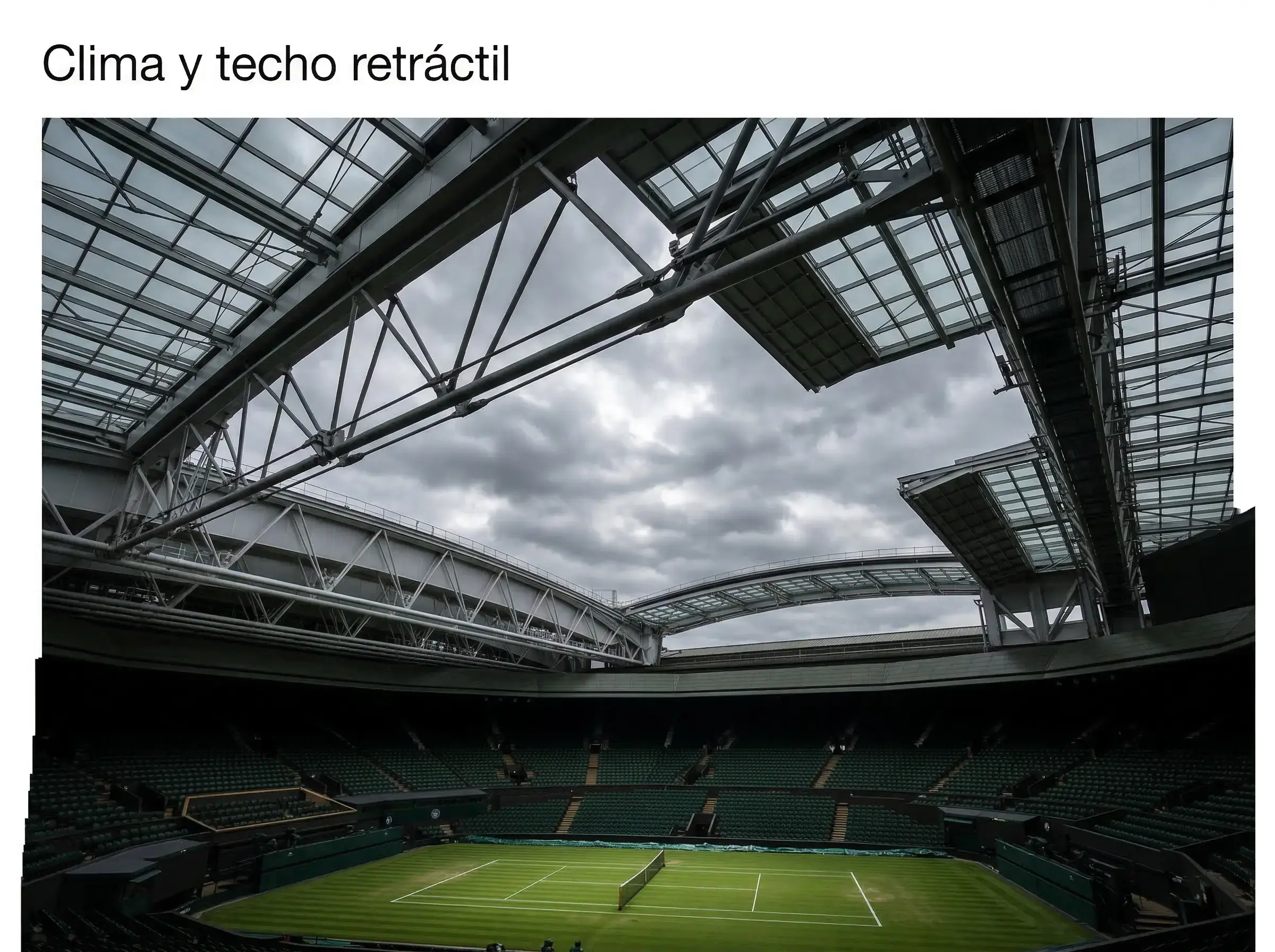 Techo retráctil de la Centre Court de Wimbledon parcialmente cerrado con cielo nublado de fondo