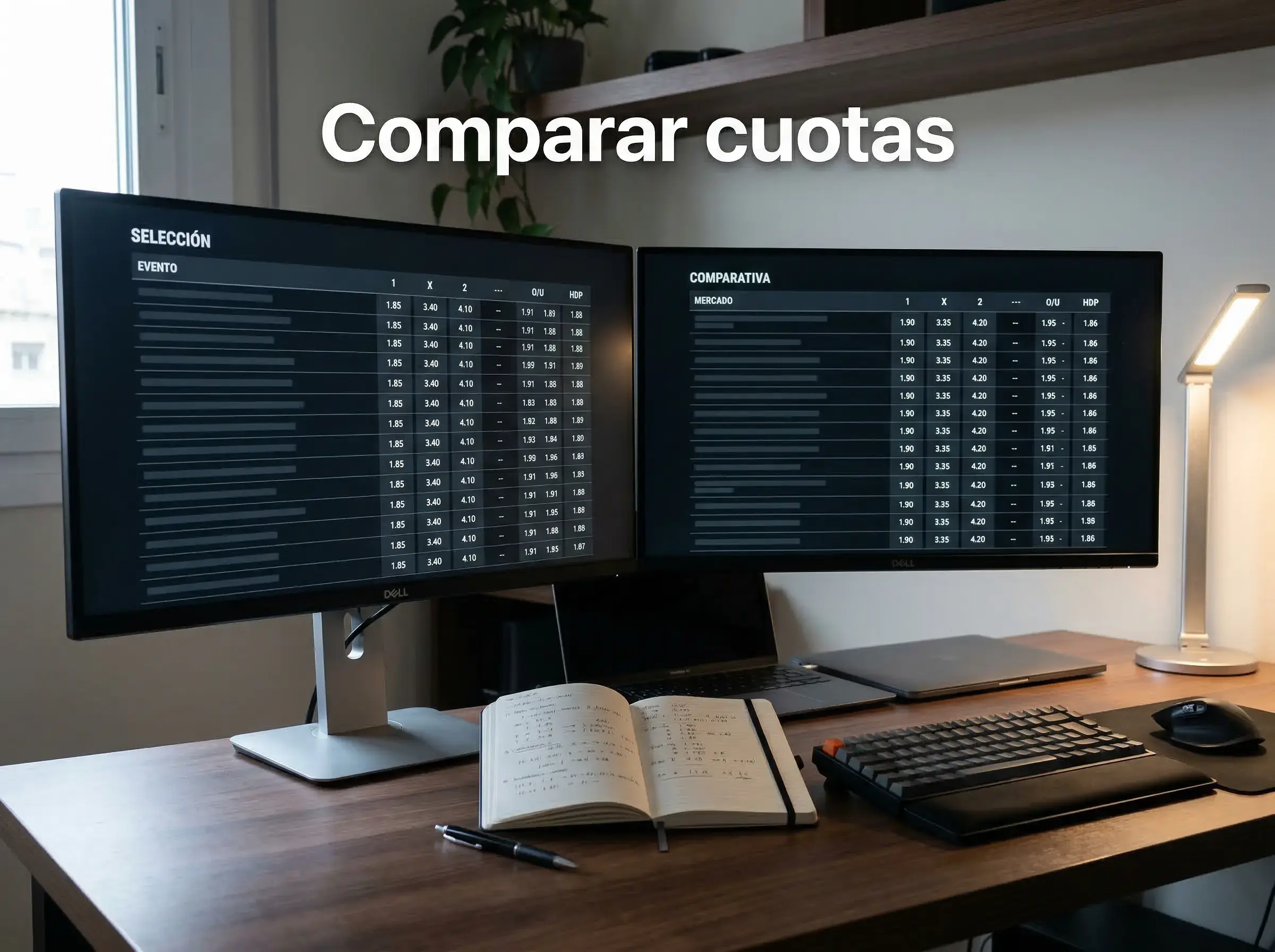 Dos pantallas de ordenador mostrando tablas de cuotas de apuestas de tenis lado a lado sobre un escritorio