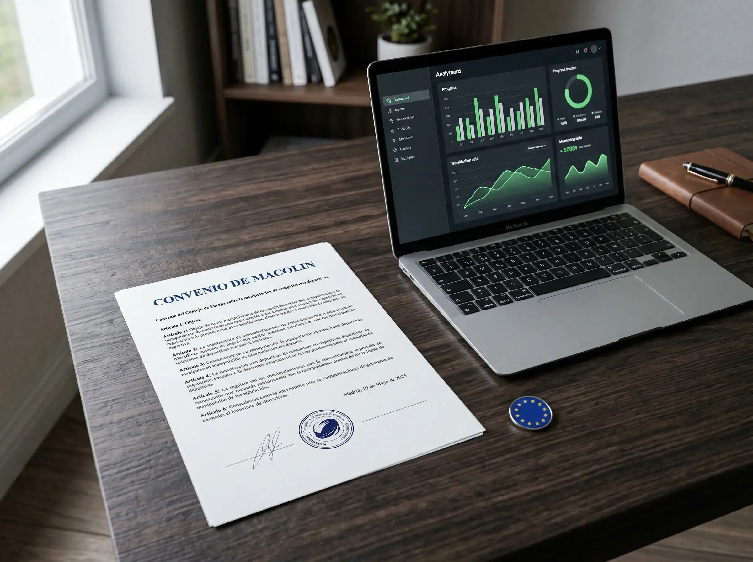 Documento oficial del Convenio de Macolin junto a un ordenador mostrando datos de apuestas deportivas reguladas en España