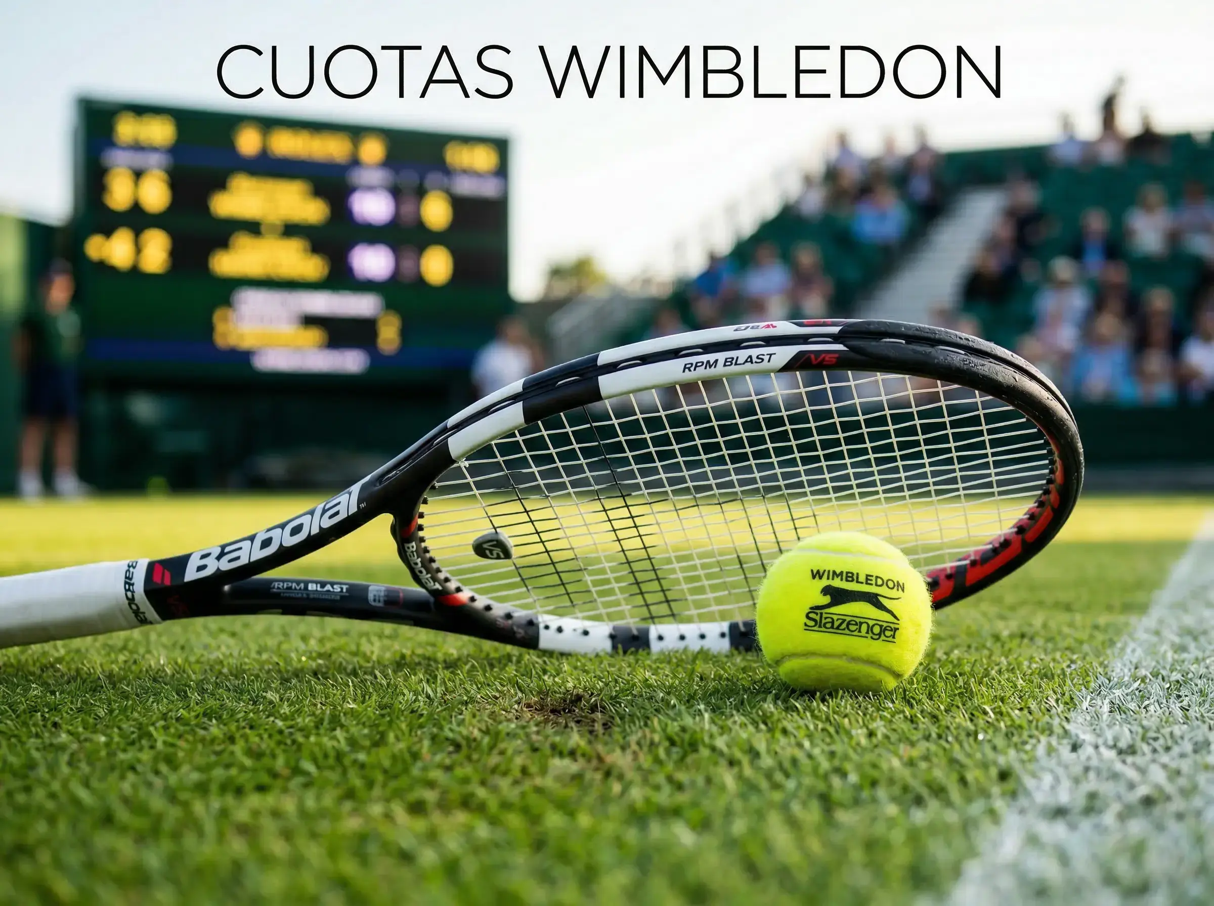 Raqueta de tenis y pelota sobre césped de Wimbledon con marcador electrónico de fondo