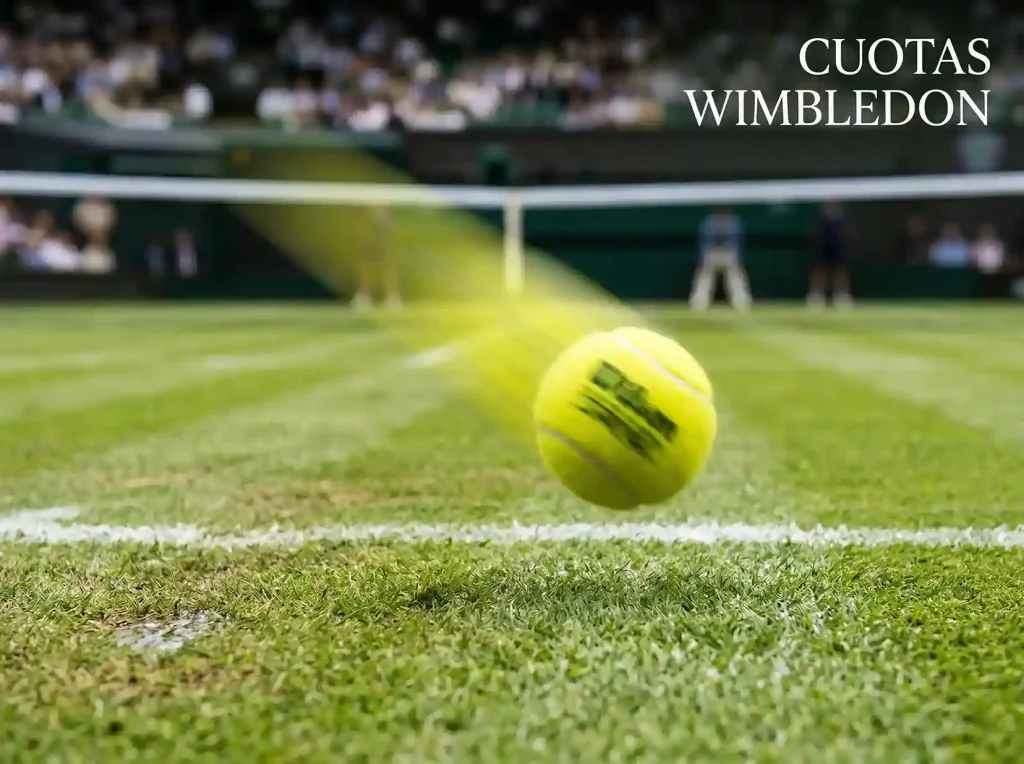 Pelota de tenis en movimiento sobre césped de Wimbledon durante un saque potente