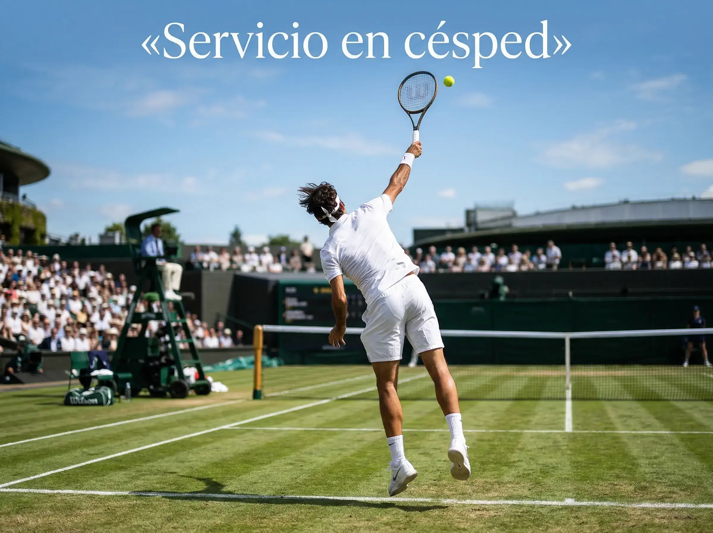Tenista profesional ejecutando un servicio potente sobre una pista de hierba con líneas de cal visibles