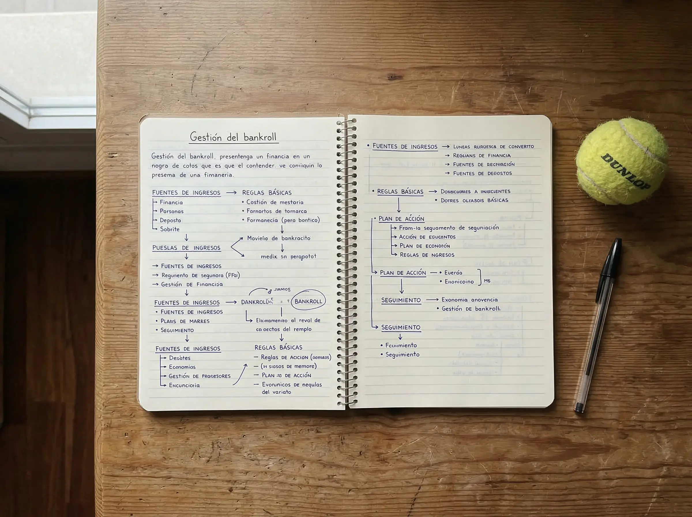 Cuaderno con anotaciones de un plan de apuestas junto a una pelota de tenis y un bolígrafo sobre un escritorio