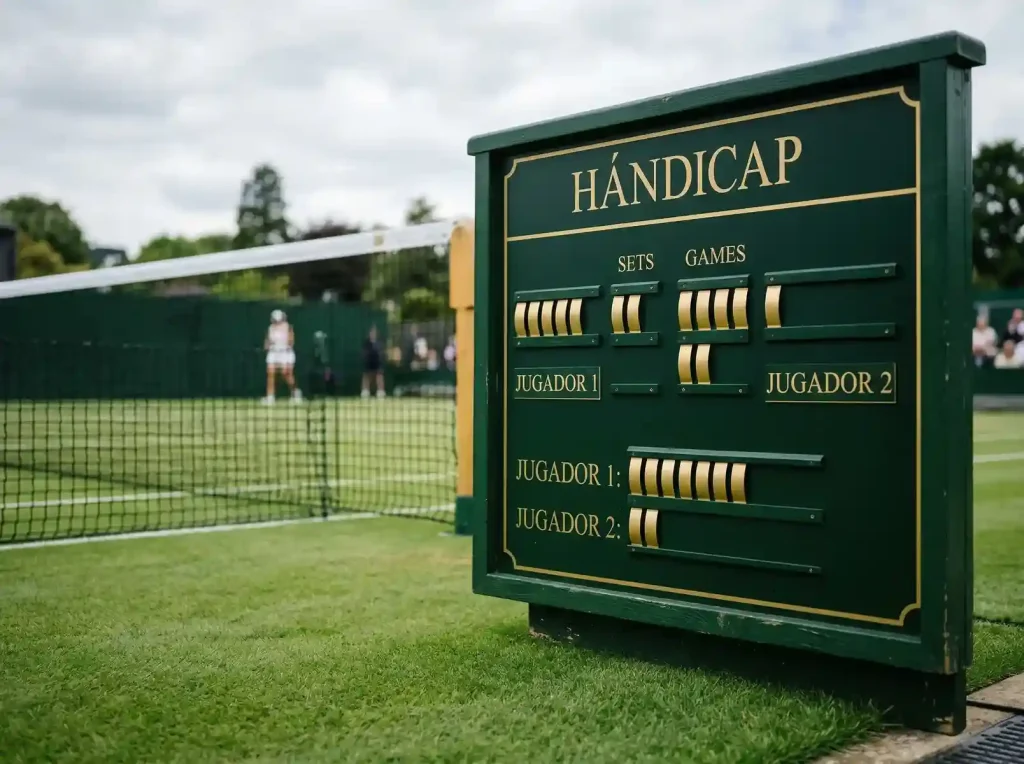 Marcador de tenis sobre hierba de Wimbledon mostrando diferencia de sets entre dos jugadores