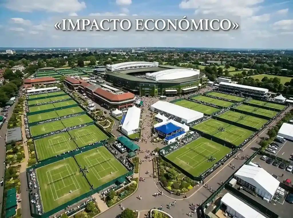 Vista aerea de las instalaciones del All England Club durante Wimbledon con pancartas de patrocinadores visibles