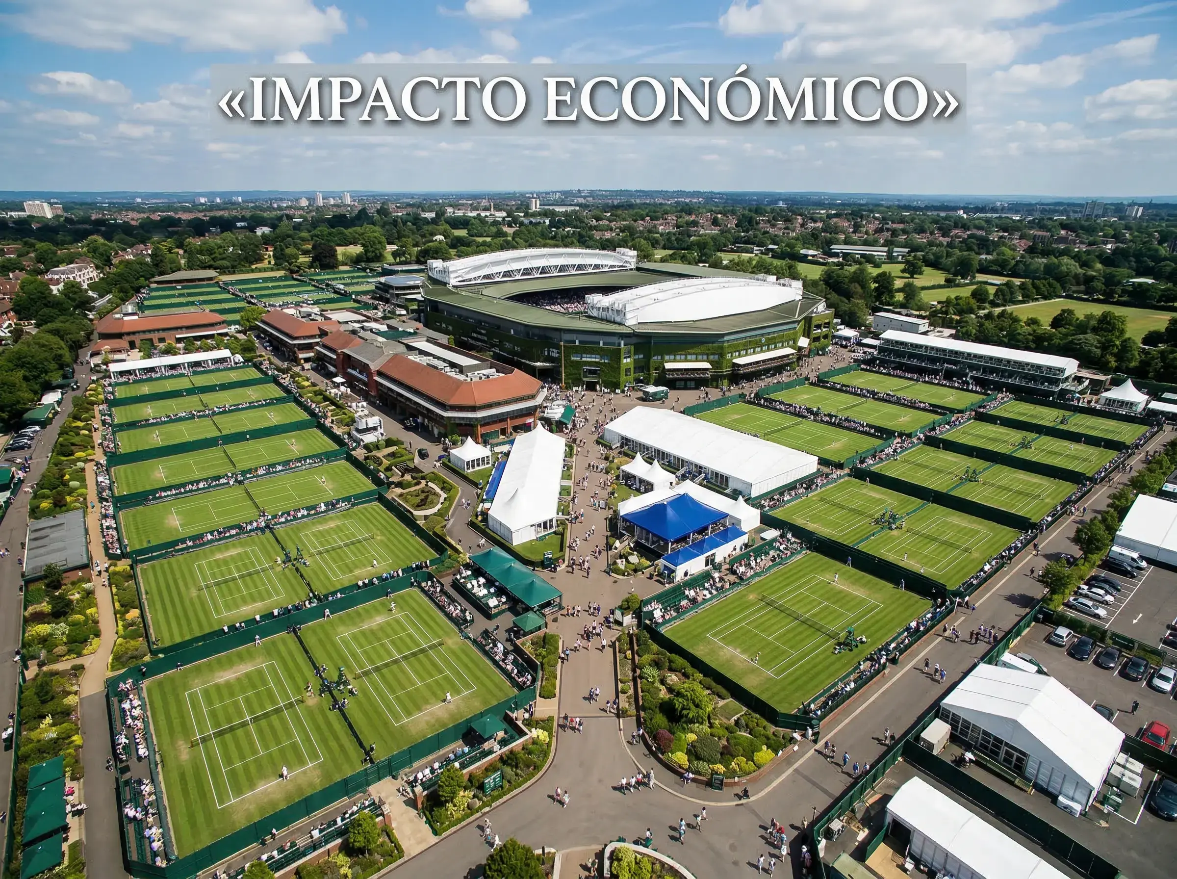 Vista aerea de las instalaciones del All England Club durante Wimbledon con pancartas de patrocinadores visibles