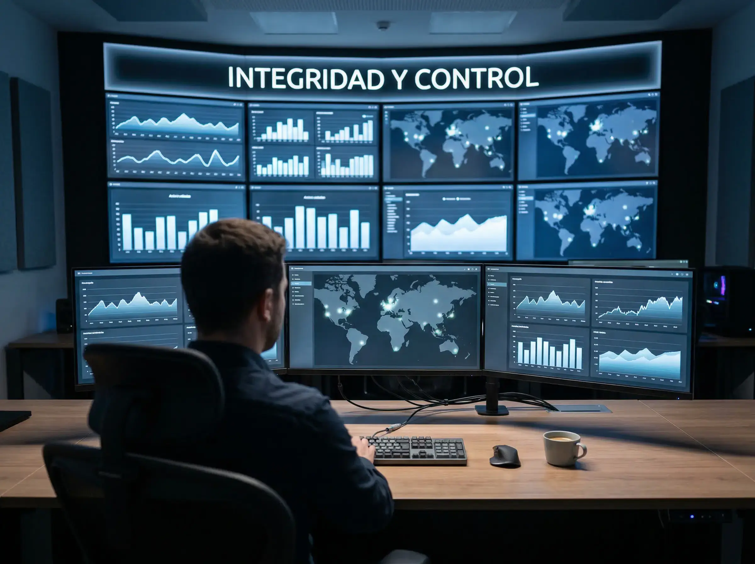 Sala de monitorización con pantallas mostrando datos de partidos de tenis y gráficos de actividad