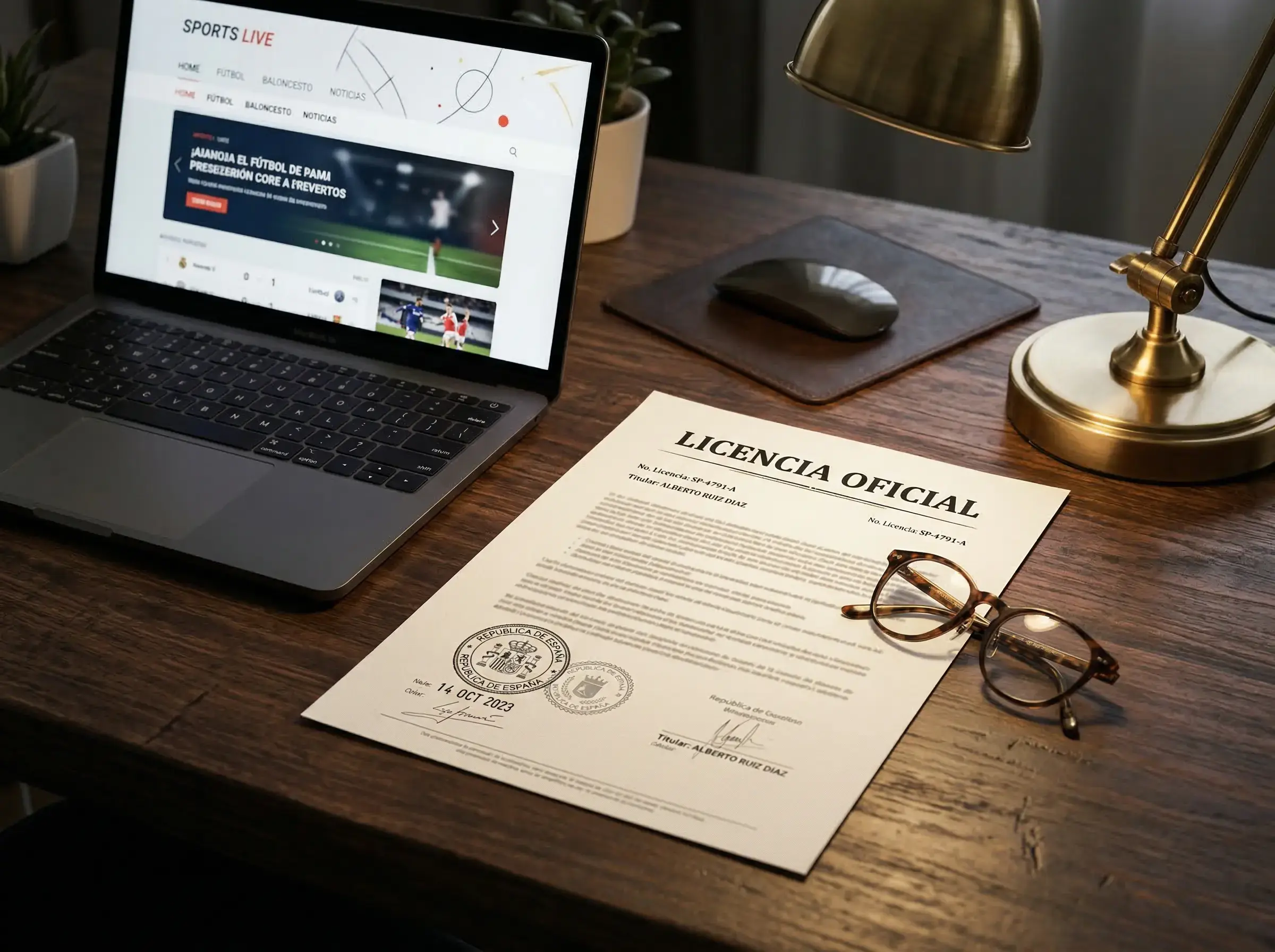 Documento oficial con sello sobre un escritorio junto a un portátil mostrando una página de apuestas deportivas