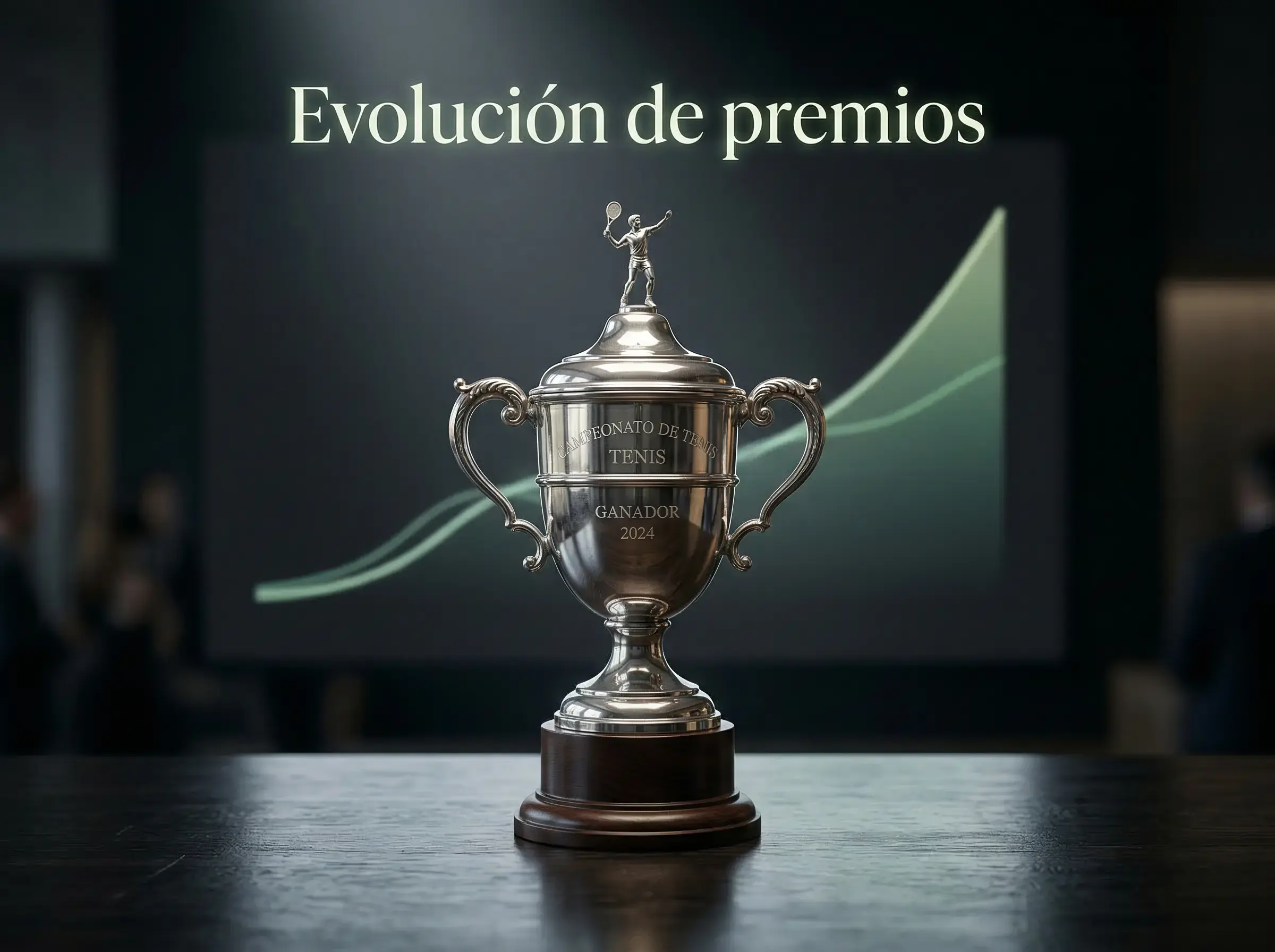Trofeo de Wimbledon sobre una mesa con un gráfico de evolución de premios al fondo en tonos verdes