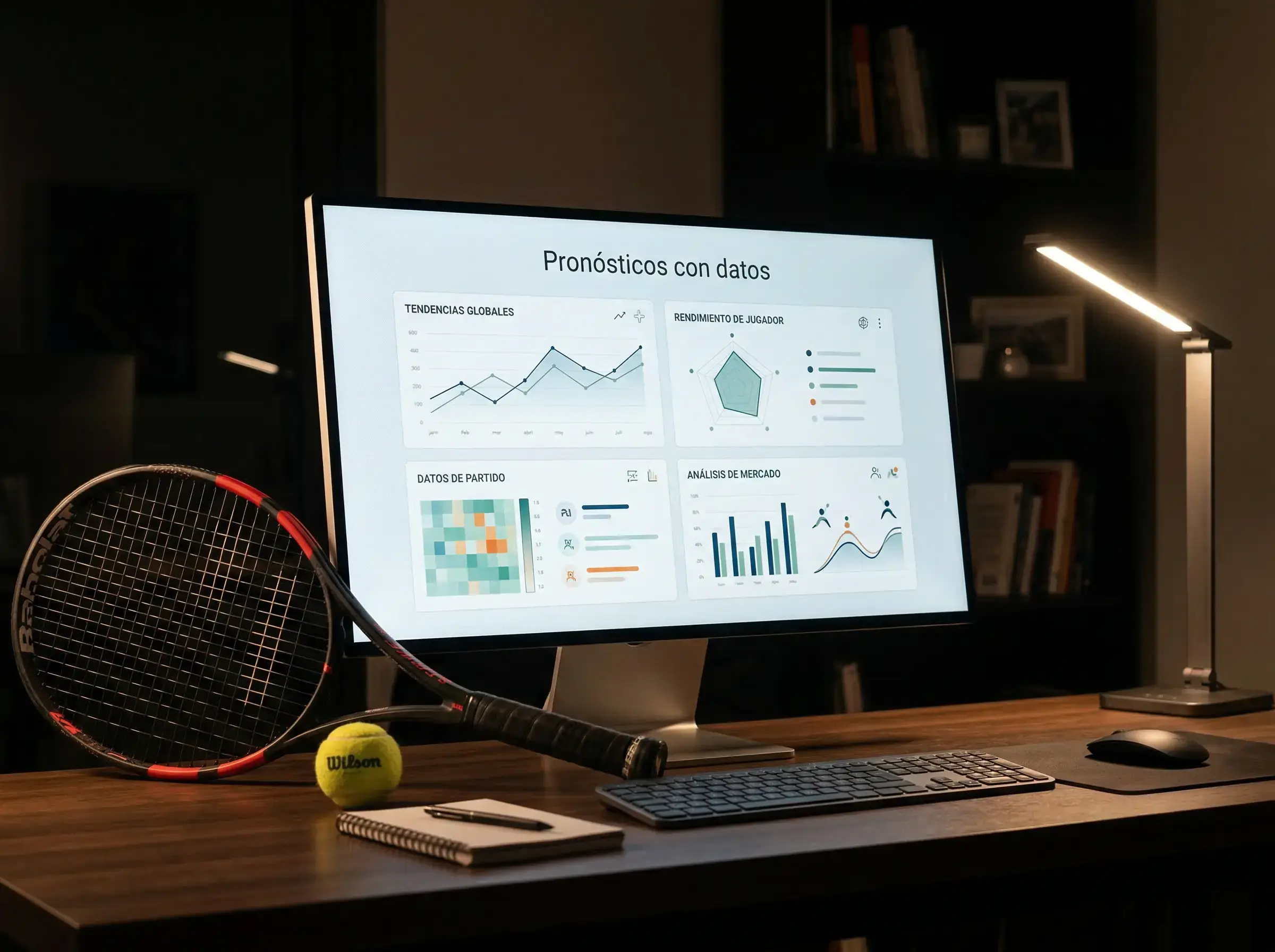 Pantalla de ordenador con estadísticas de tenis y gráficos de rendimiento sobre una mesa junto a una raqueta de tenis