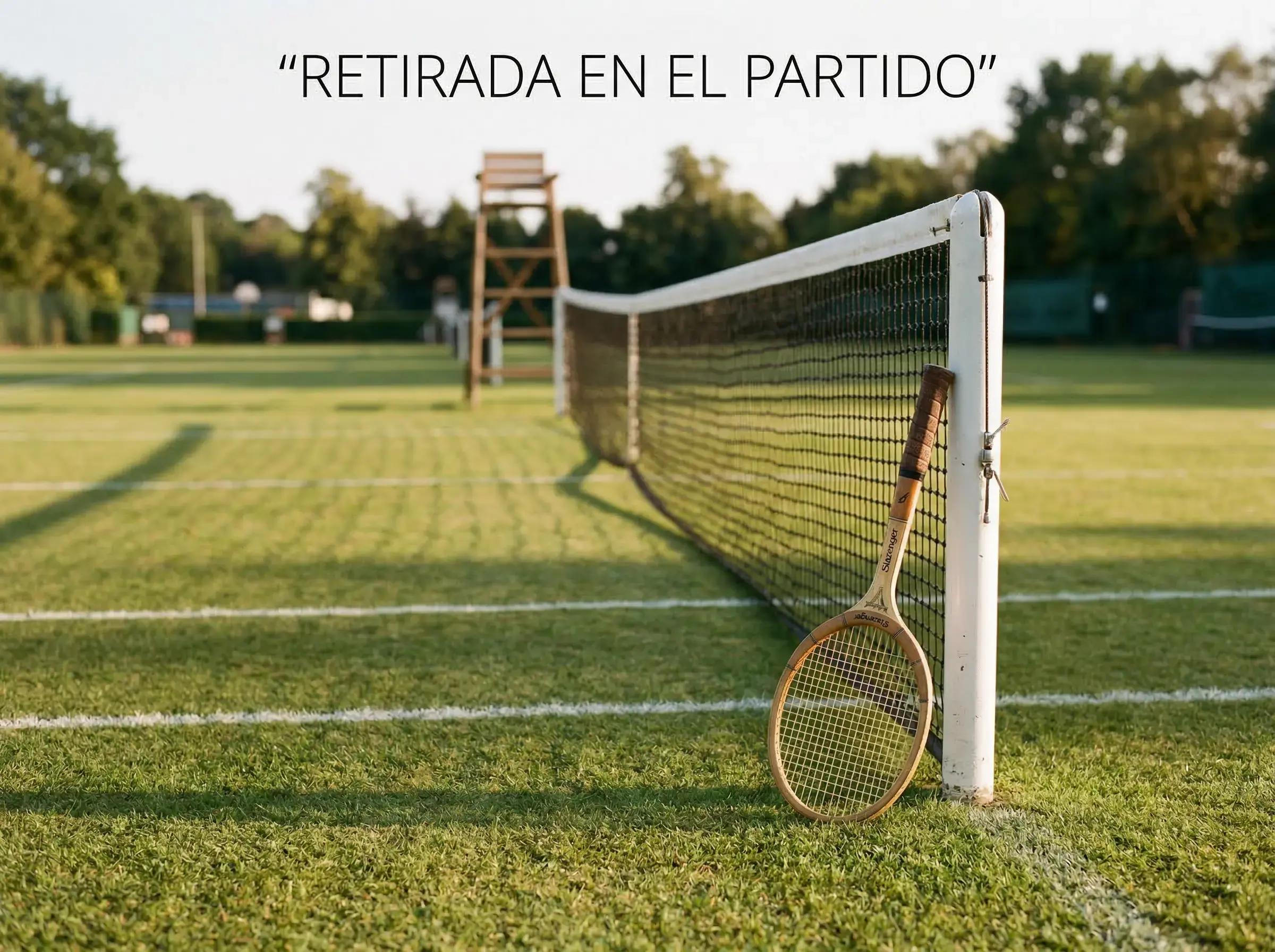 Pista de tenis sobre hierba con una raqueta apoyada en la red y una silla de juez vacía en Wimbledon