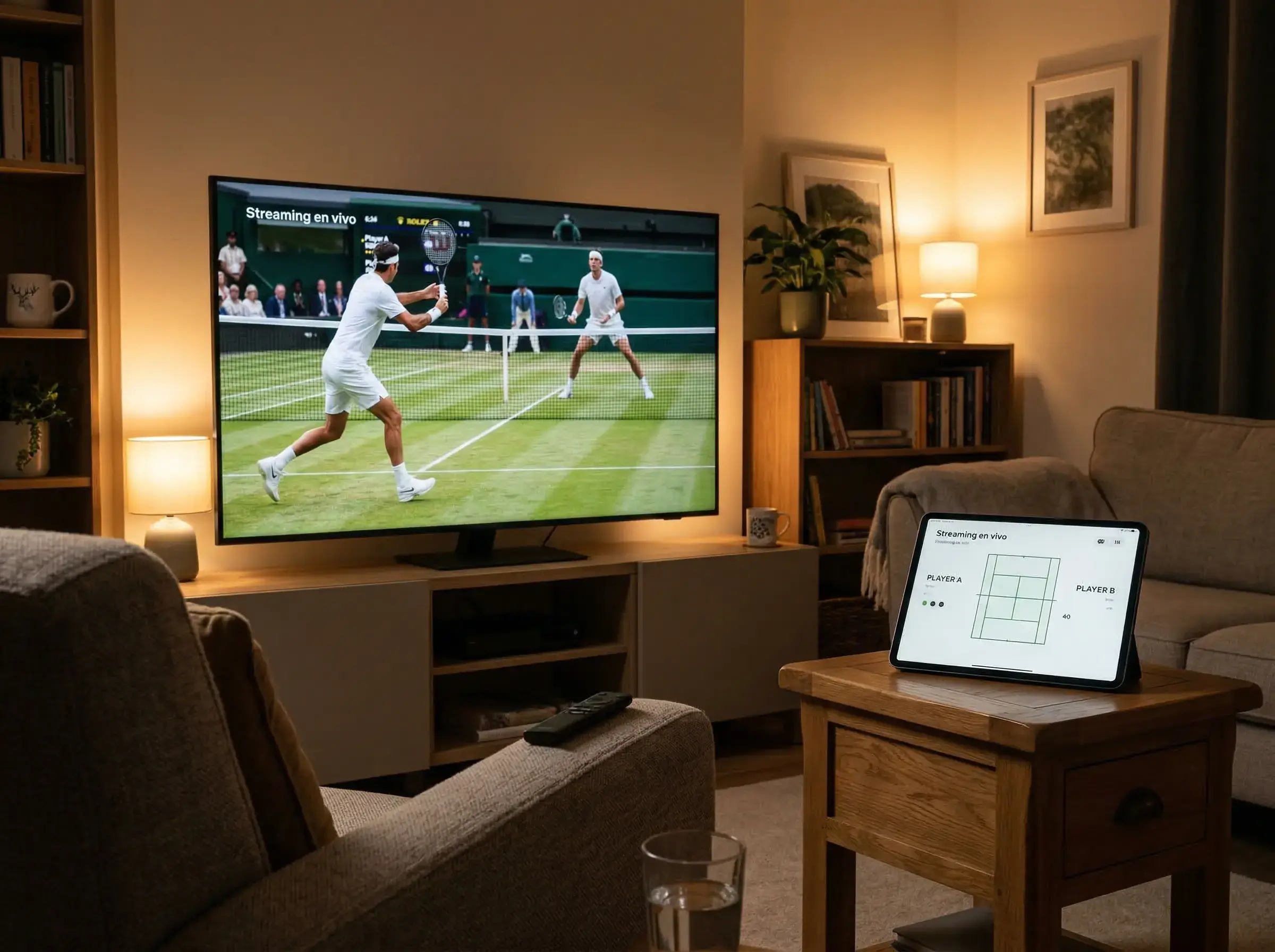Televisor mostrando un partido de tenis en directo junto a una tablet con estadísticas en una sala de estar